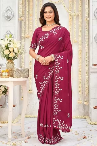 dark pink georgette embroidered saree with blouse