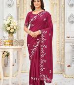 dark pink georgette embroidered saree with blouse