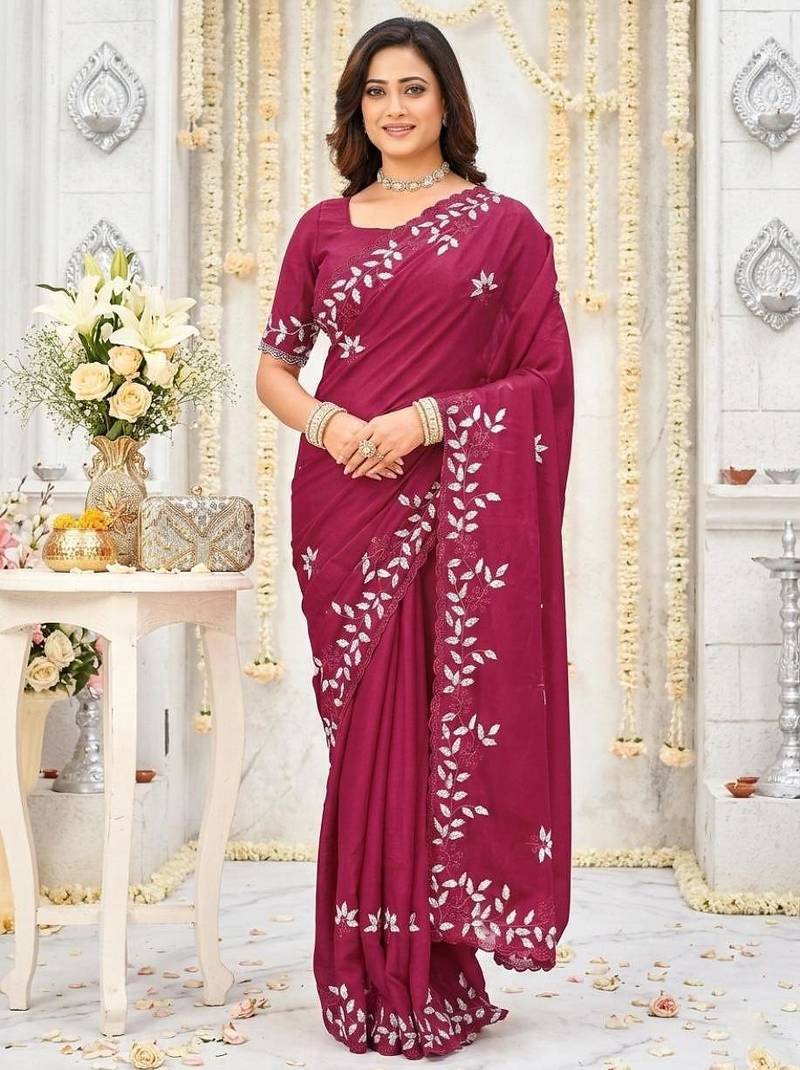 dark pink georgette embroidered saree with blouse