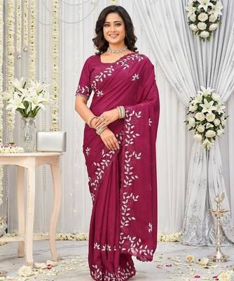 dark pink georgette embroidered saree with blouse 2