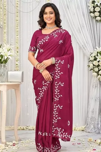 dark pink georgette embroidered saree with blouse