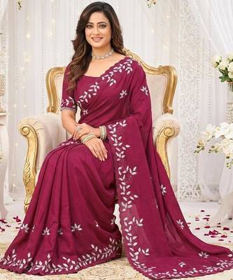 dark pink georgette embroidered saree with blouse 3