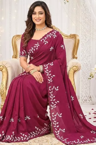 dark pink georgette embroidered saree with blouse