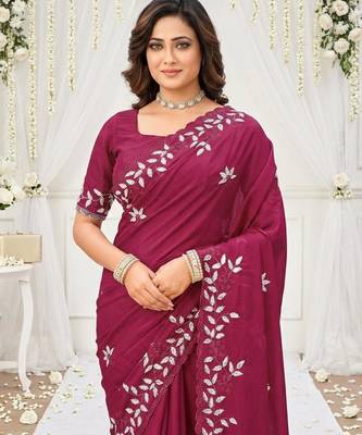 dark pink georgette embroidered saree with blouse 4