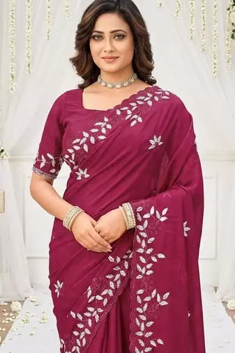 dark pink georgette embroidered saree with blouse