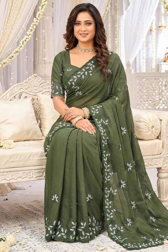 Mehendi color georgette embroidered work saree with un-stitch blouse