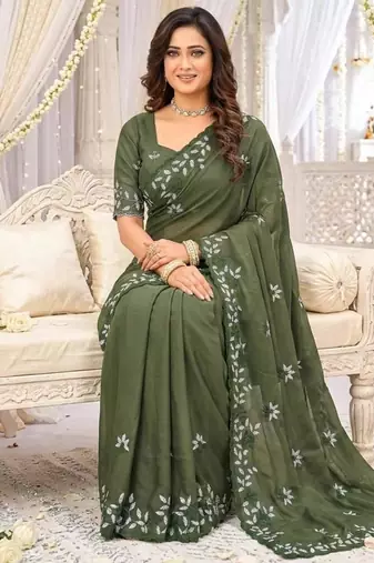 Mehendi color georgette embroidered work saree with un-stitch blouse