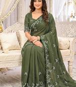 Mehendi color georgette embroidered work saree with un-stitch blouse