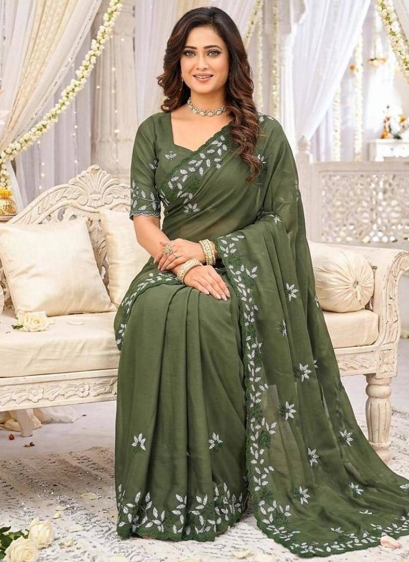 Mehendi color georgette embroidered work saree with un-stitch blouse
