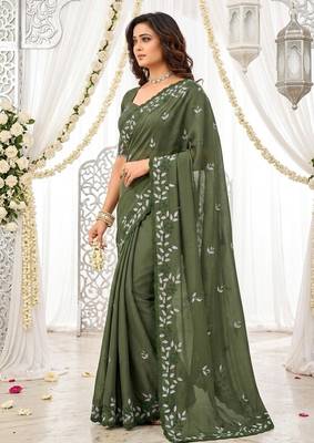 Mehendi color georgette embroidered work saree with un-stitch blouse 2