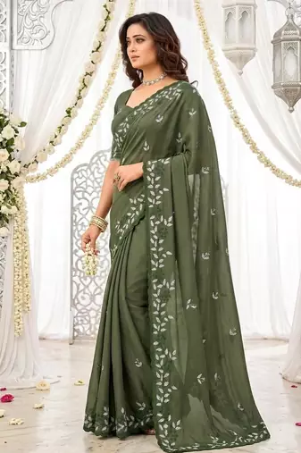 Mehendi color georgette embroidered work saree with un-stitch blouse