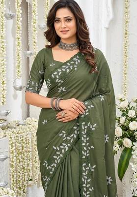 Mehendi color georgette embroidered work saree with un-stitch blouse 3