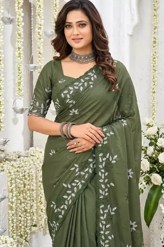 Mehendi color georgette embroidered work saree with un-stitch blouse