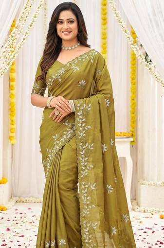 lemon georgette embroidered saree with blouse