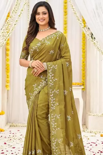 lemon georgette embroidered saree with blouse