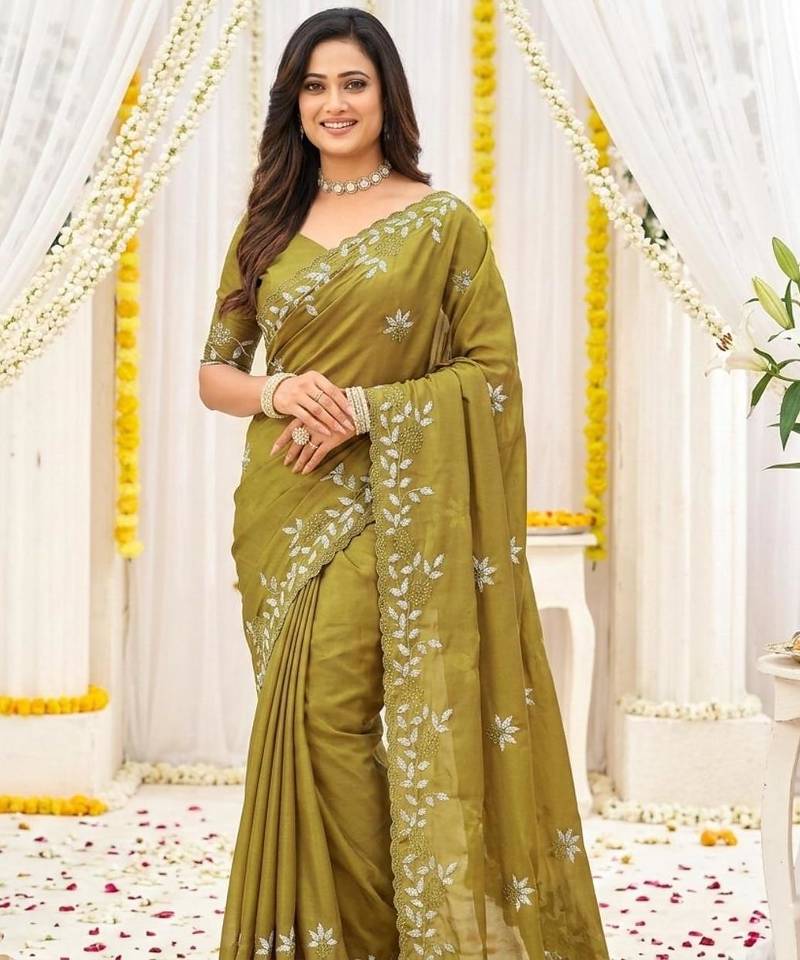 lemon georgette embroidered saree with blouse