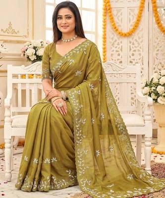 lemon georgette embroidered saree with blouse 2