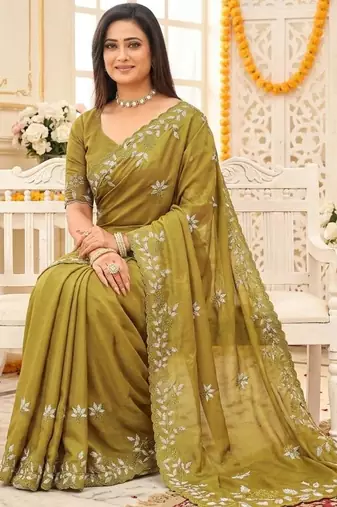 lemon georgette embroidered saree with blouse