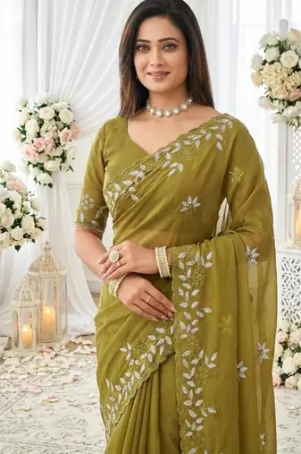 lemon georgette embroidered saree with blouse