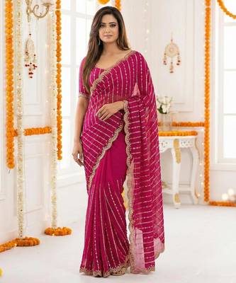 pink satin embroidered saree with blouse 1