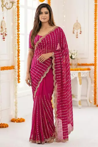 pink satin embroidered saree with blouse