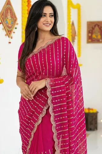 pink satin embroidered saree with blouse