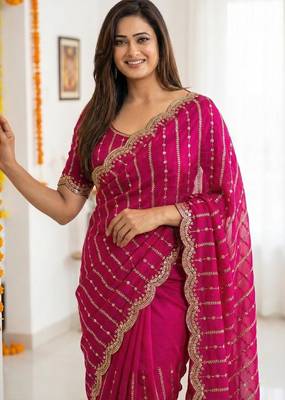 pink satin embroidered saree with blouse 3