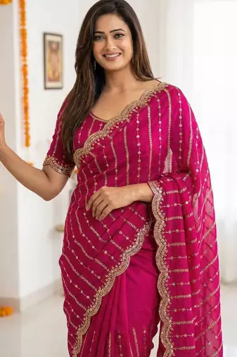 pink satin embroidered saree with blouse
