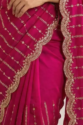 pink satin embroidered saree with blouse