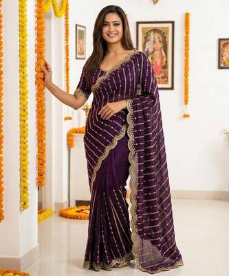 purple satin embroidered saree with blouse 1