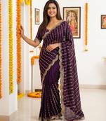 purple satin embroidered saree with blouse