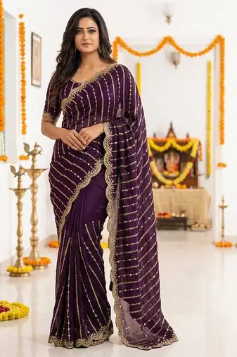 purple satin embroidered saree with blouse
