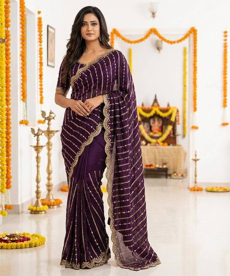 purple satin embroidered saree with blouse