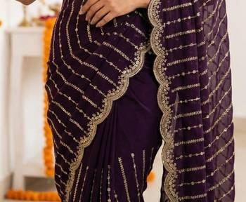 purple satin embroidered saree with blouse 3