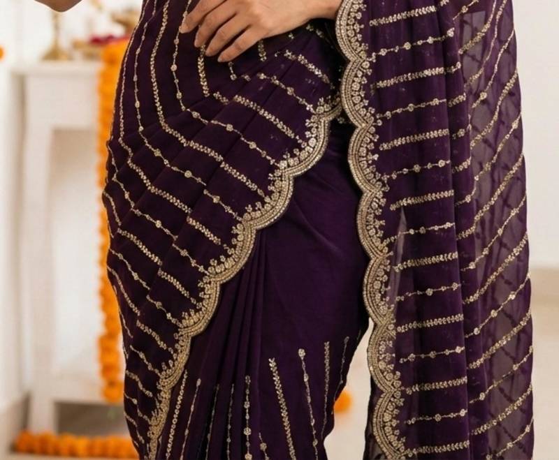 purple satin embroidered saree with blouse