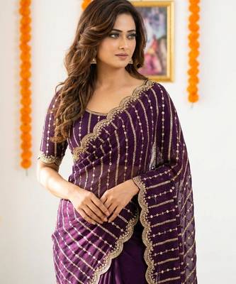purple satin embroidered saree with blouse 4