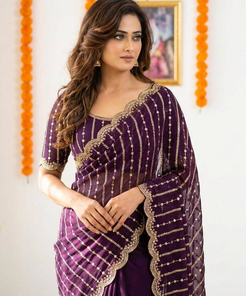 purple satin embroidered saree with blouse