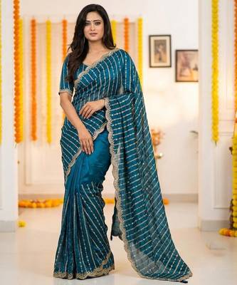 aqua blue satin embroidered saree with blouse 1