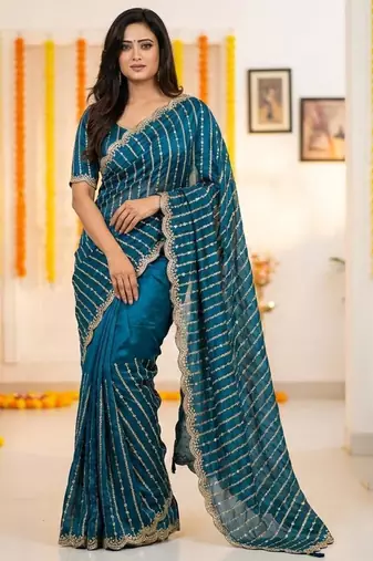 aqua blue satin embroidered saree with blouse