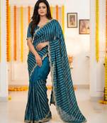 aqua blue satin embroidered saree with blouse