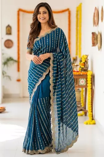 aqua blue satin embroidered saree with blouse