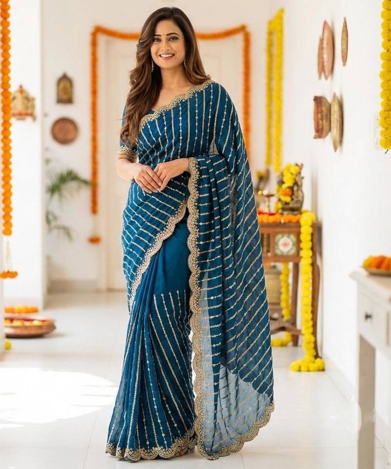 aqua blue satin embroidered saree with blouse