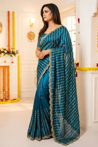 aqua blue satin embroidered saree with blouse
