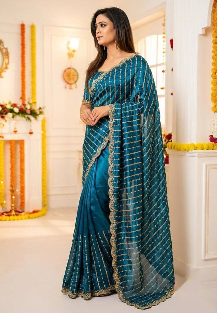 aqua blue satin embroidered saree with blouse