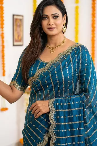 aqua blue satin embroidered saree with blouse