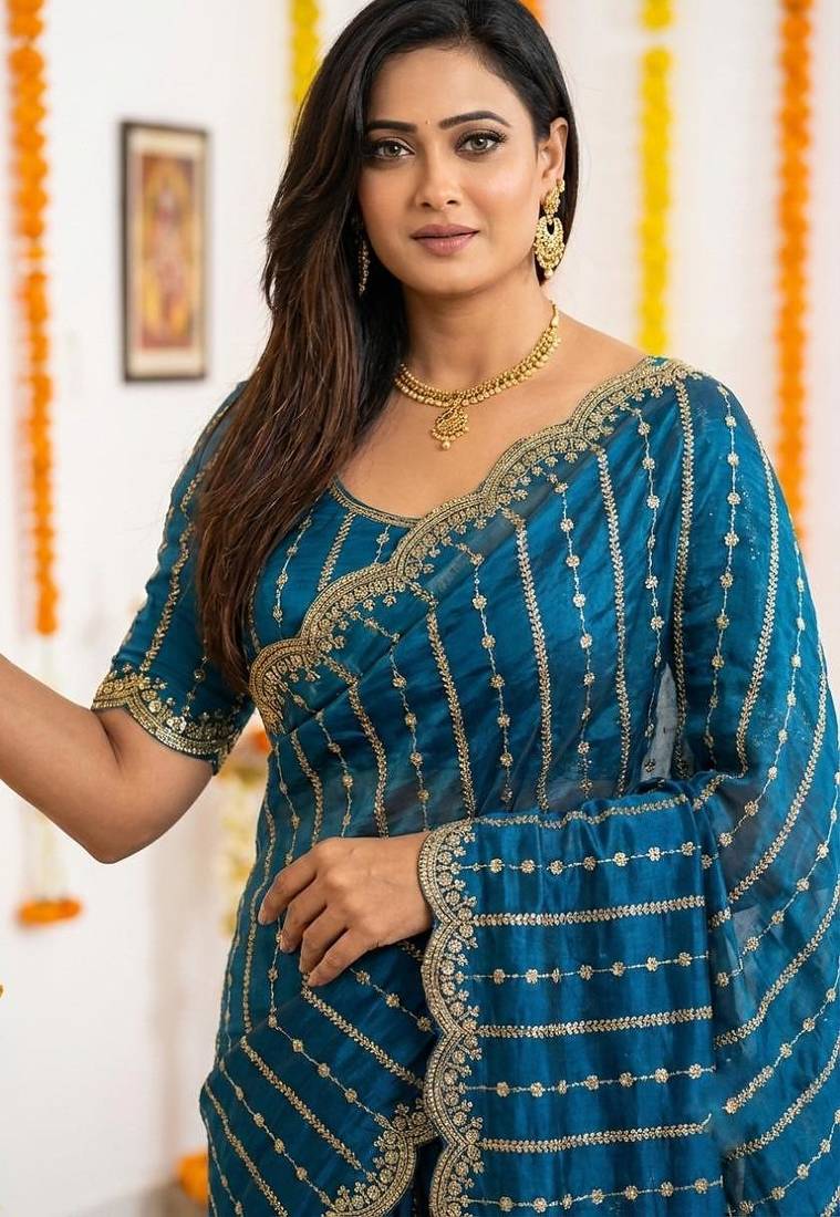 aqua blue satin embroidered saree with blouse