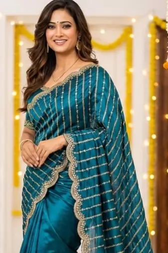aqua blue satin embroidered saree with blouse