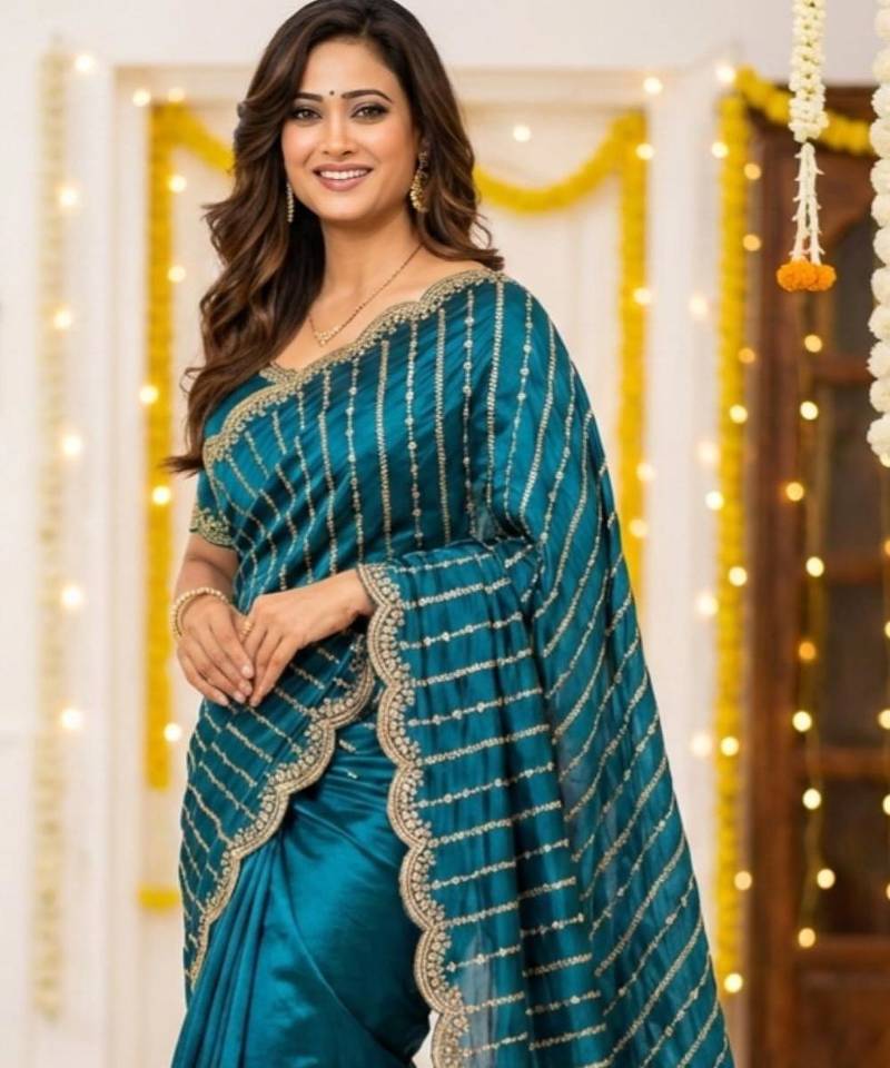 aqua blue satin embroidered saree with blouse