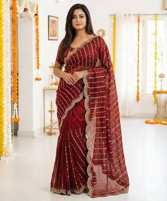 maroon satin embroidered saree with blouse 1