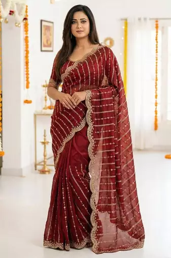 maroon satin embroidered saree with blouse